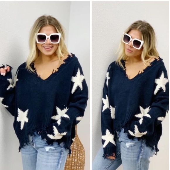 Sweaters - #36 Cozy Navy Star Print Distressed Sweater Top